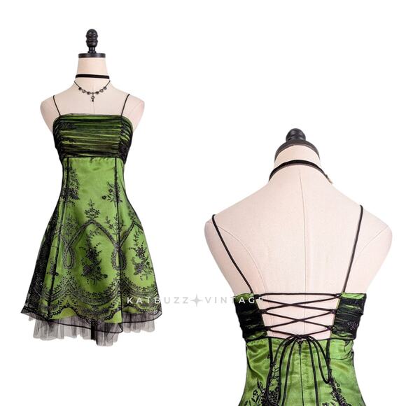 Vtg Morgan Co Prom Dress Mini Gown 6 Green Black Babydoll Y2K Fairy Goth Floral - Picture 1 of 12